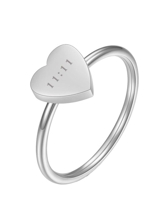 11 11 Angel Number Ring for Women Heart Stainless Steel Lucky Band Cute Love Inspirational Everyday Gift Simple Statement Personalized Jewelry Silver White Size 10
