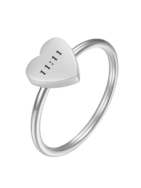 11 11 Angel Number Ring for Women Heart Stainless Steel Lucky Band Cute Love Inspirational Everyday Gift Simple Statement Personalized Jewelry Silver Black Size 7