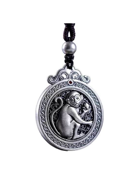 12 Chinese Zodiac Necklace for Men Women Couples Lucky Charms Sign Dragon Horse Pendant Rope Chain Statement Personalized Cool Horoscope Vintage Silver Jewelry Monkey