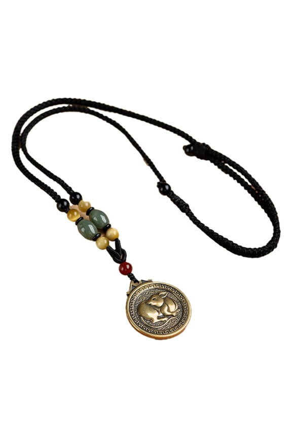 12 Chinese Zodiac Necklace for Men Women Lucky Charms Sign Circle Stainless Steel Boho Pendant Adjustable Long Rope Chain Statement Personalized Unique Horoscope Vintage Jewelry Rat