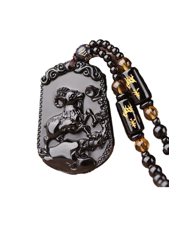 12 Chinese Zodiac Necklace for Men Black Lucky Charms Sign Pendant Bead Chain Statement Personalized Horoscope Cool Jewelry Goat