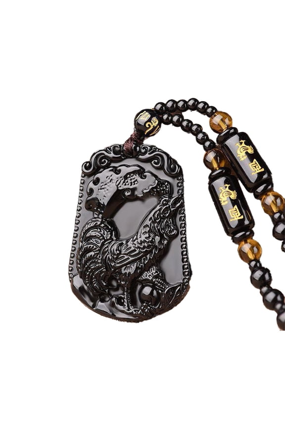 12 Chinese Zodiac Necklace for Men Black Lucky Charms Sign Pendant Bead Chain Statement Personalized Horoscope Cool Jewelry Rooster
