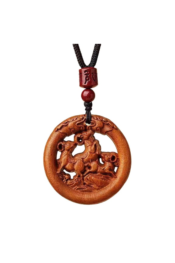 12 Chinese Zodiac Necklace for Men Women Lucky Charms Sign Circle Wood Pendant Rope Chain Statement Personalized Horoscope Jewelry Goat