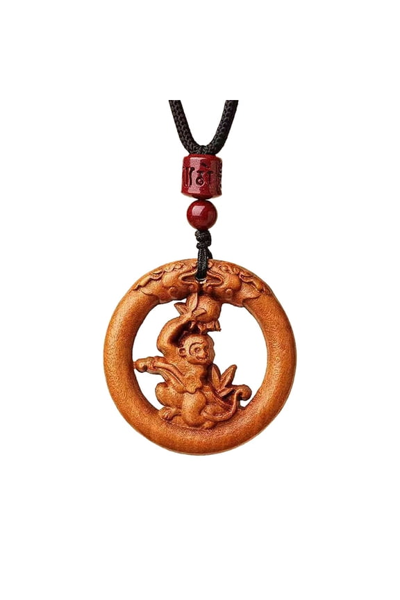 12 Chinese Zodiac Necklace for Men Women Lucky Charms Sign Circle Wood Pendant Rope Chain Statement Personalized Horoscope Jewelry Monkey