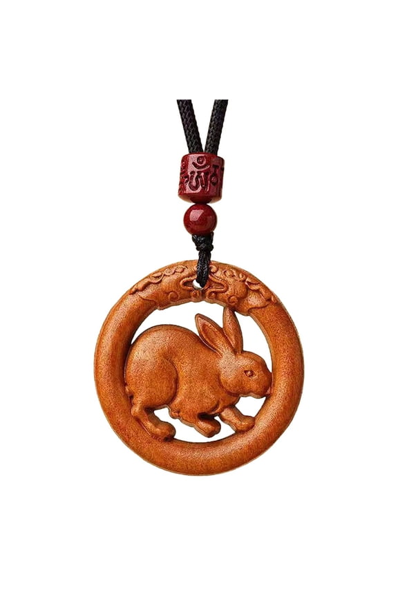 12 Chinese Zodiac Necklace for Men Women Lucky Charms Sign Circle Wood Pendant Rope Chain Statement Personalized Horoscope Jewelry Rabbit