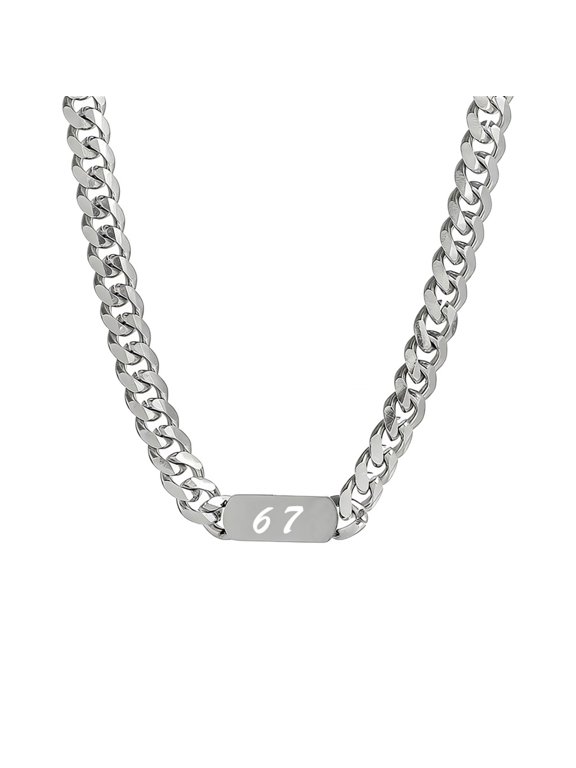 67 Number Necklace for Men Women Cuban Link Stainless Steel Digital Pendant Chain Silver Personalized Statement Cool Simple Jewelry White 37cm