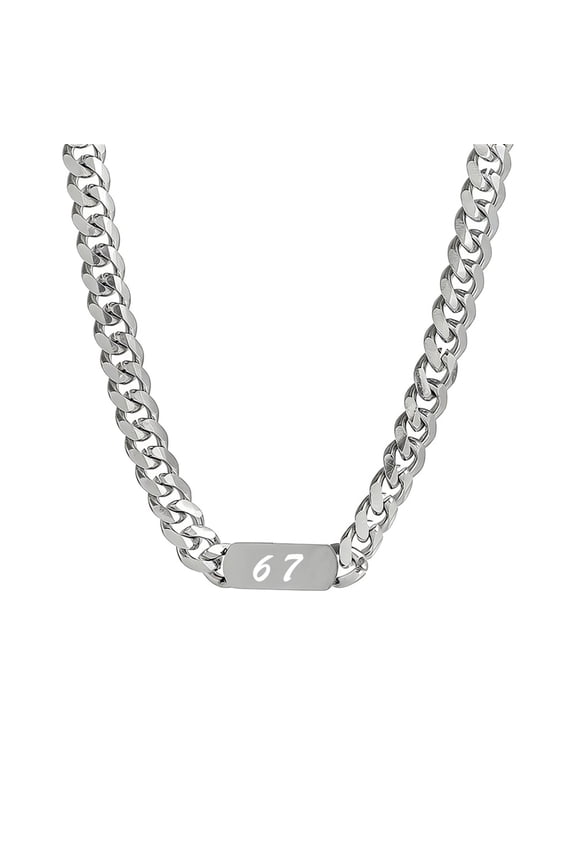 67 Number Necklace for Men Women Cuban Link Stainless Steel Digital Pendant Chain Silver Personalized Statement Cool Simple Jewelry White 37cm