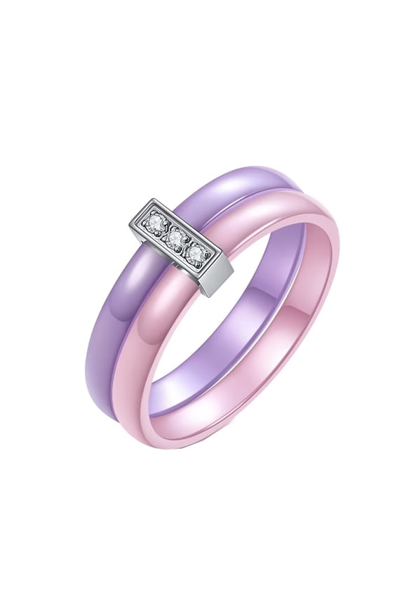 6mm Women's Ceramic Ring with Cubic Zirconia Stainless Steel Ceramic 2 in 1 Ring Patchwork Polished Wedding Band Pink + Purple Size 7