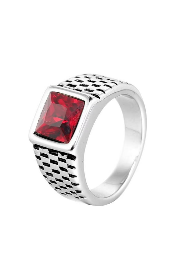 Agate Ring for Men Stainless Steel Retro Square Red Gemstone Statement Signet Ring Silver Size 8