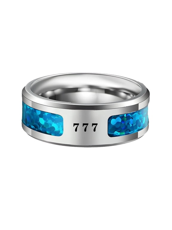 Angel Number Rings for Men Women Couples Lucky Numerology 111 222 333 444 555 666 777 888 999 Stainless Steel Colorful 8MM Band Personalized Spiritual Jewelry Blue-777 Size 13
