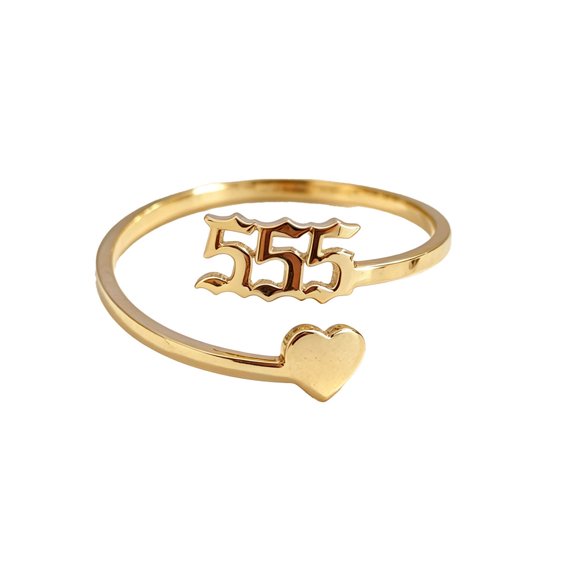PAURO Angel Number Rings for Women Heart Open Lucky Stainless Steel Adjustable Amulet Numerology Simple Spiritual Gift Personalized Jewelry Gold Plated 555