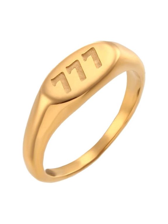 Angel Number Rings for Women Stainless Steel Digital Oval Gold Plated Personalized Statement Simple Unique Jewelry 777 Size 8