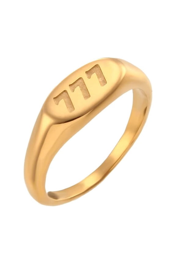 Angel Number Rings for Women Stainless Steel Digital Oval Gold Plated Personalized Statement Simple Unique Jewelry 777 Size 8