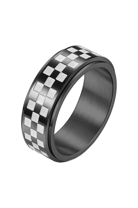 Anxiety Rotatable Rings for Men Stainless Steel Engraved Chessboard Punk Biker Ring Black Size 9