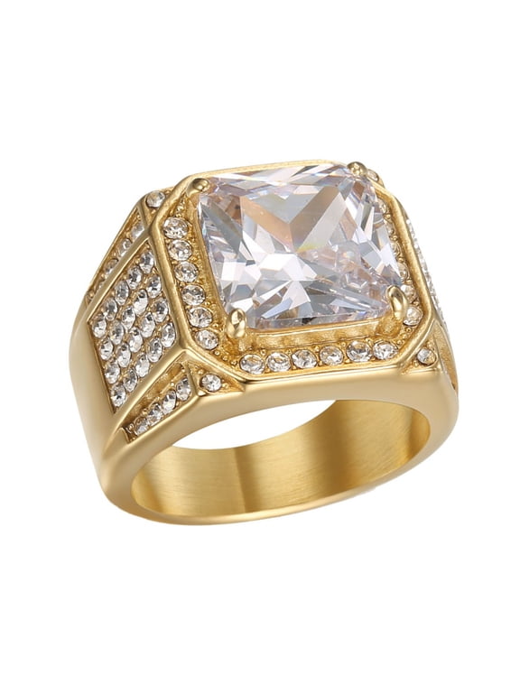 Big Cube CZ Stone Ring for men Hip Hop Stainless Steel Bling Iced Out Wedding Band Punk Jewelry Gold Plated Size 13