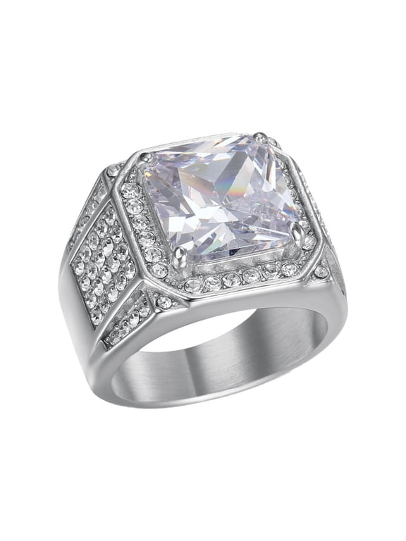 Big Cube CZ Stone Ring for men Hip Hop Stainless Steel Bling Iced Out Wedding Band Punk Jewelry Silver Plated Size 13