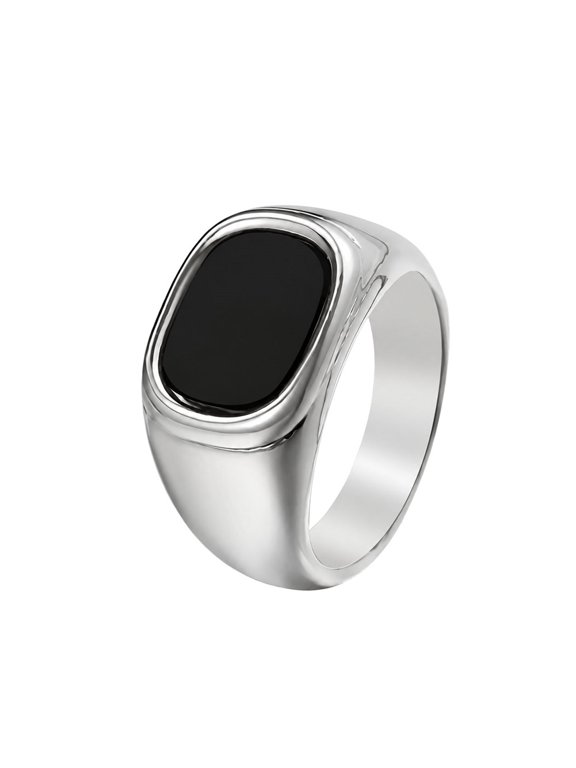Black Enamel Rings for Men Women Couples Signet Band Square Vintage Stainless Steel Pinky Ring Unisex Chunky Minimalist Simple Cool Statement Personalized Gift Jewelry Silver Plated Size 8