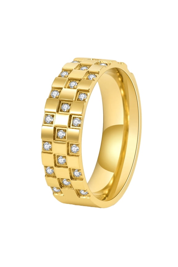Checkered Cubic Zirconia Rings for Women Men Silver Gold Plated Stainless Steel Wedding Engagement Band Couple Statement Personalized Gift Jewelry Gold 11
