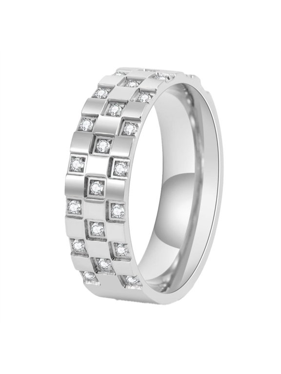 Checkered Cubic Zirconia Rings for Women Men Silver Gold Plated Stainless Steel Wedding Engagement Band Couple Statement Personalized Gift Jewelry Silver 6