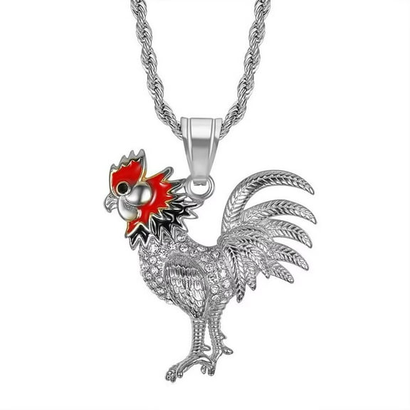PAURO Chicken Necklace for Men Zodiac Stainless Steel Dainty Statement Charm Cock Pendant Personalized Rooster Gold/Silver Plated Cubic Zirconia Jewelry Silver Only Pendant