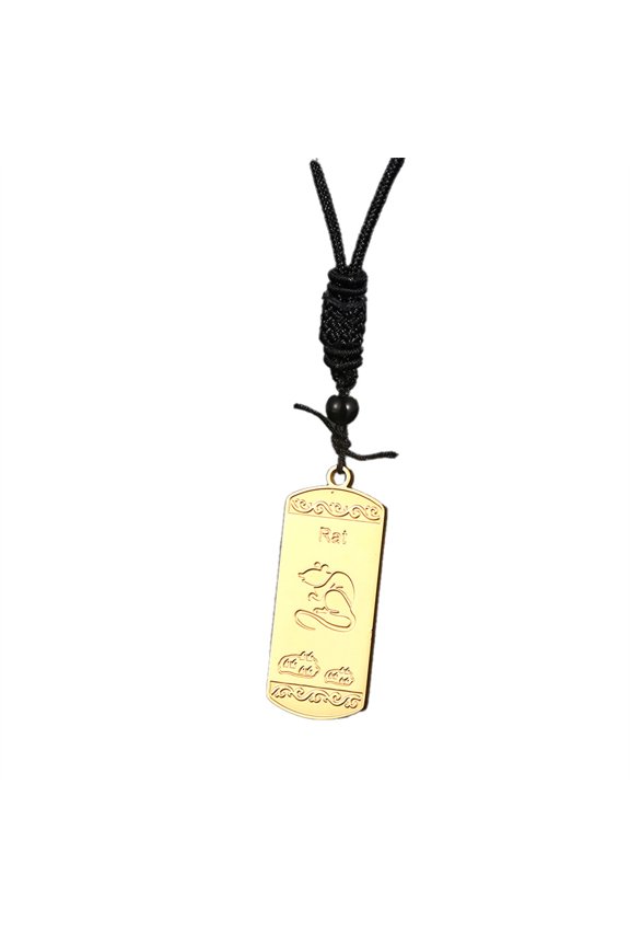 Chinese Zodiac Necklace for Men Dog Tag Pendant Stainless Steel Gold Plated 12 Animal Signs Braided Rope Chain Black Beaded Vintage Personalized Gift Jewelry Rat