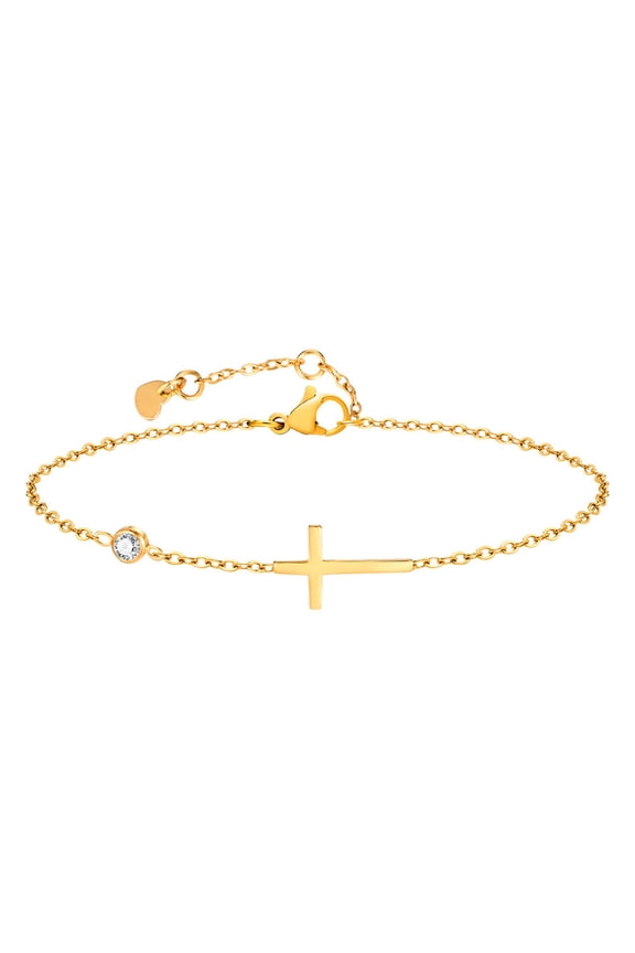 Cross Bracelets for Women Thin Adjustable Stainless Steel Gold Plated Charm Personalized Cubic Zirconia Dainty Cuff Capital Monogram Faith Jewelry Gold