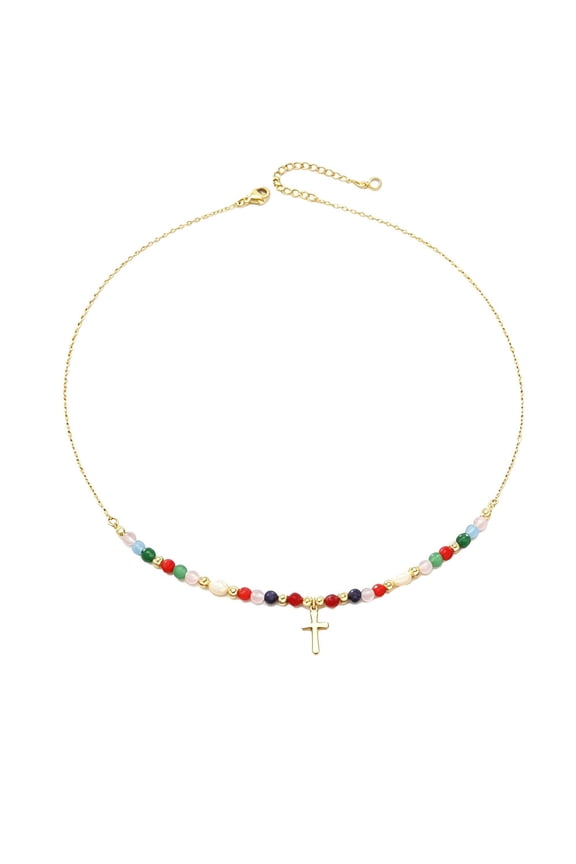 Cross Necklace for Women Dainty Pendant Colorful Beads Stainless Steel Silver Gold Plated Personalized Boho Religious Faith Gifts Spiritual Jewelry Gold