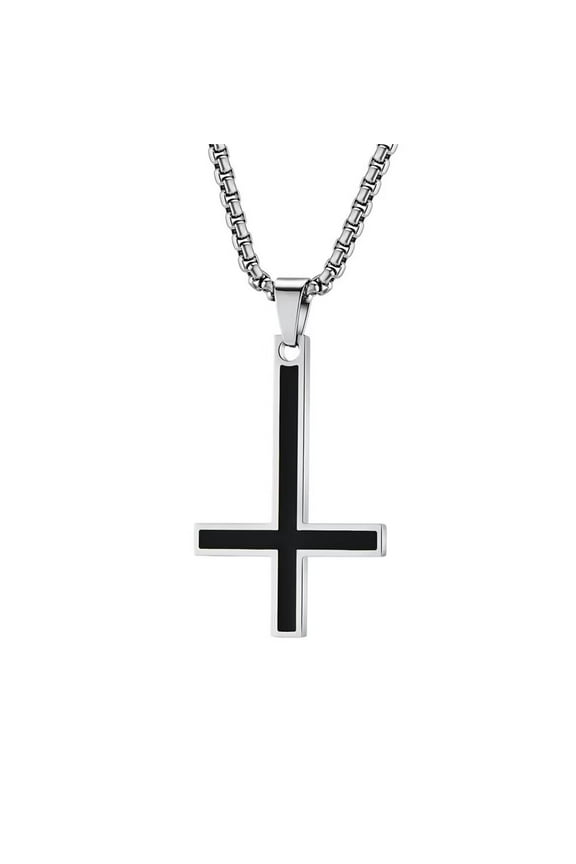 Cross Necklaces for Men, Silver Stainless Steel Inverted Crucifix Pendant Necklace, with Chain 24 Inches