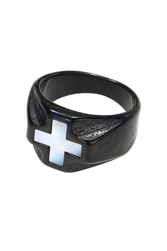 Cross Rings for Men White Shell Stainless Steel Black Silver Gold Plated Cool Vintage Simple Personalized Statement Dainty Unique Jewelry Black Size 10
