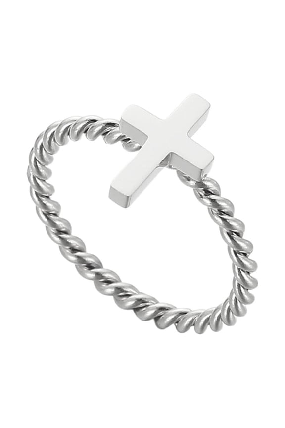 Cross Rings for Women Religious Stainless Steel Silver Gold Plated Dainty Twisted Prayer Faith Simple Vintage Stackable Statement Personalized Elegant Gift Jewelry Silver 7