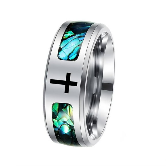 PAURO Cross Rings for Men Stainless Steel Silver Shell Colorful 8MM Statement Personalized Unique Cool Fiber Dainty Jewelry Size 12