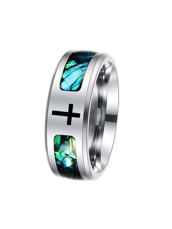 Cross Rings for Men Stainless Steel Silver Shell Colorful 8MM Statement Personalized Unique Cool Fiber Dainty Jewelry Size 13