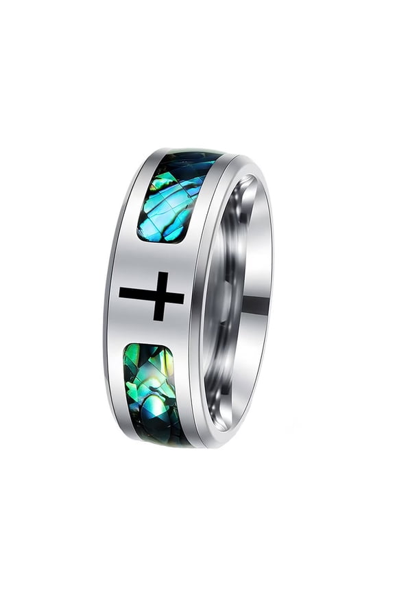Cross Rings for Men Stainless Steel Silver Shell Colorful 8MM Statement Personalized Unique Cool Fiber Dainty Jewelry Size 9