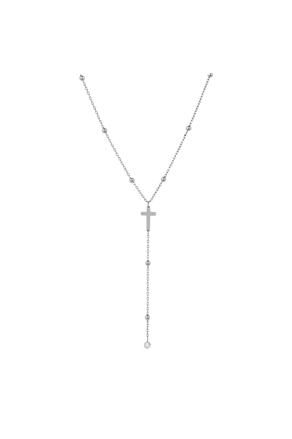 Cross Y Necklace for Women Drop Stainless Steel Elegant Pendant Dainty Simple Bead Chain Long Unique Statement Faith Cubic Zirconia Jewelry Silver