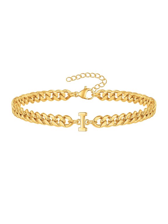Cuban Link Initial Bracelet for Men Women Couples Letter A-Z Name Stainless Steel Silver Gold Plated Charm Personalized Simple Cuff Capital Monogram Jewelry Gold Letter I