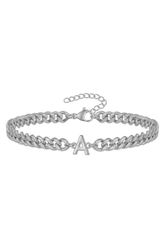 Cuban Link Initial Bracelet for Men Women Couples Letter A-Z Name Stainless Steel Silver Gold Plated Charm Personalized Simple Cuff Capital Monogram Jewelry Silver Letter A