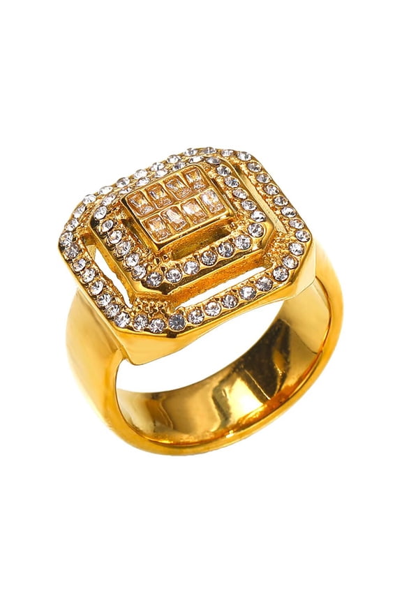 Cubic Zirconia Rings for Men Square Stainless Steel Unique Personalized Statement Silver Gold Plated Vintage Cool Dainty Jewelry Gold Size 9