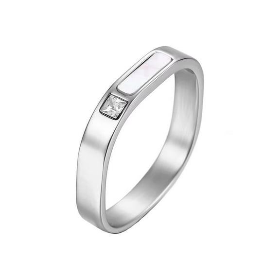 PAURO Dainty Women's Stainless Steel Square Shell Wedding Ring Crystal Zircon Simple Stacking Ring Silver Size 12