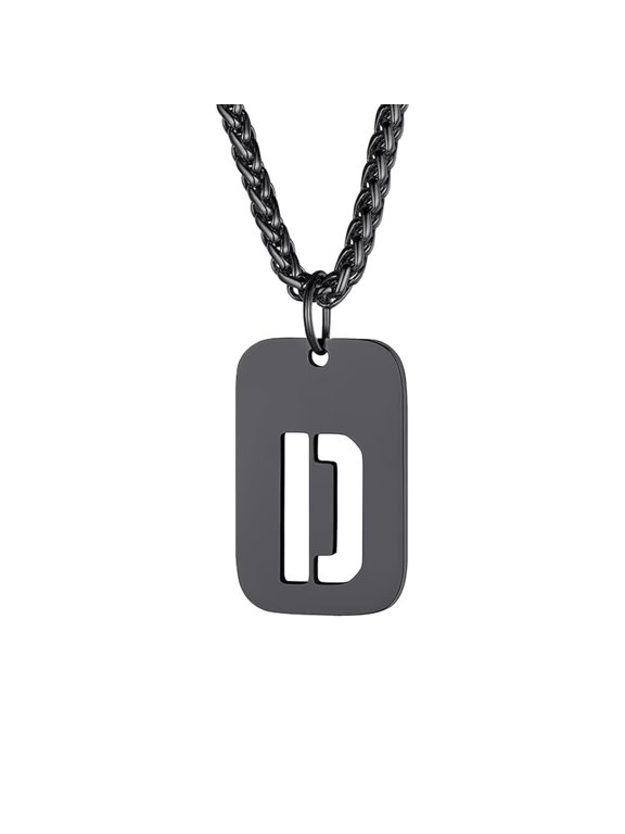 Dog Tag Letter Necklace for Men Women Square Initial A-Z Pendant Personalized Stainless Steel Black Silver Gold Plated Name Monogram Cool Simple Jewelry Black Letter D