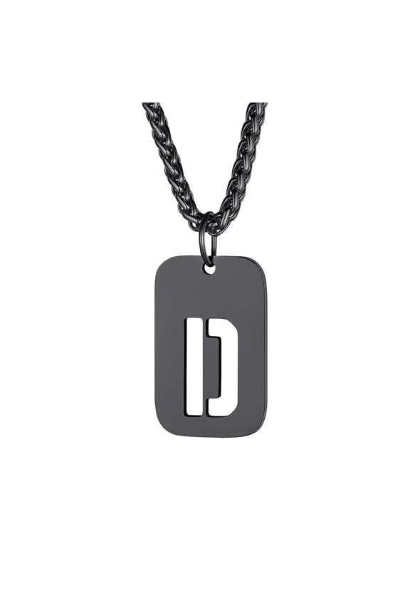 Dog Tag Letter Necklace for Men Women Square Initial A-Z Pendant Personalized Stainless Steel Black Silver Gold Plated Name Monogram Cool Simple Jewelry Black Letter D