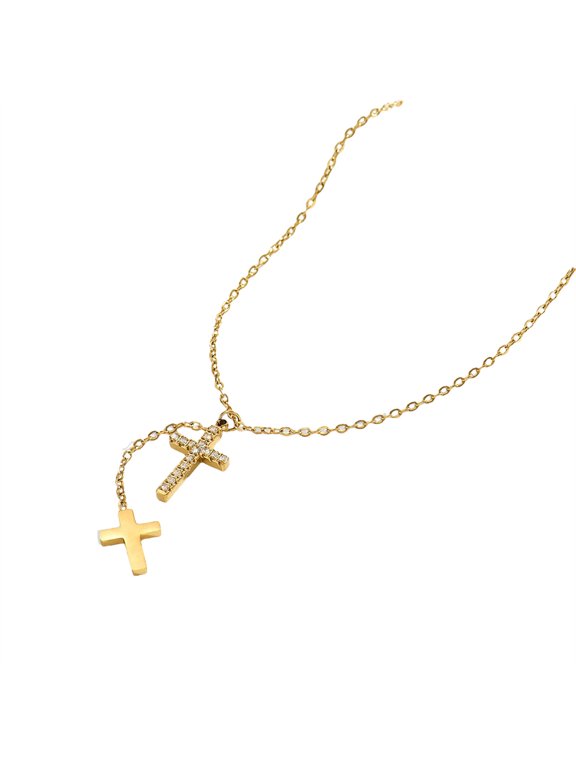 Double Cross Necklace for Women Stainless Steel Gold Plated Cubic Zirconia Pendant Y Necklace Religious Prayer Faith Dainty Personalized Gift Jewelry Gold