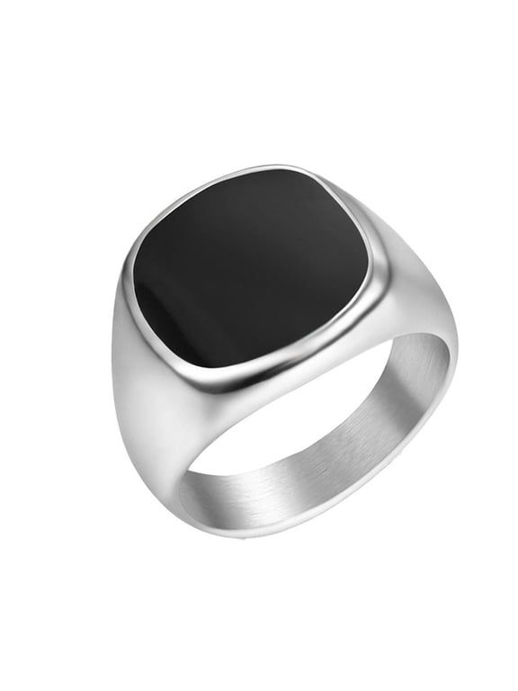Enamel Rings for Men 16mm Wide Signet Pinky Chunky Square Statement Band Stainless Steel Simple Vintage Retro Bold Everyday Casual Statement Personalized Gift Jewelry Silver Plated Size 12