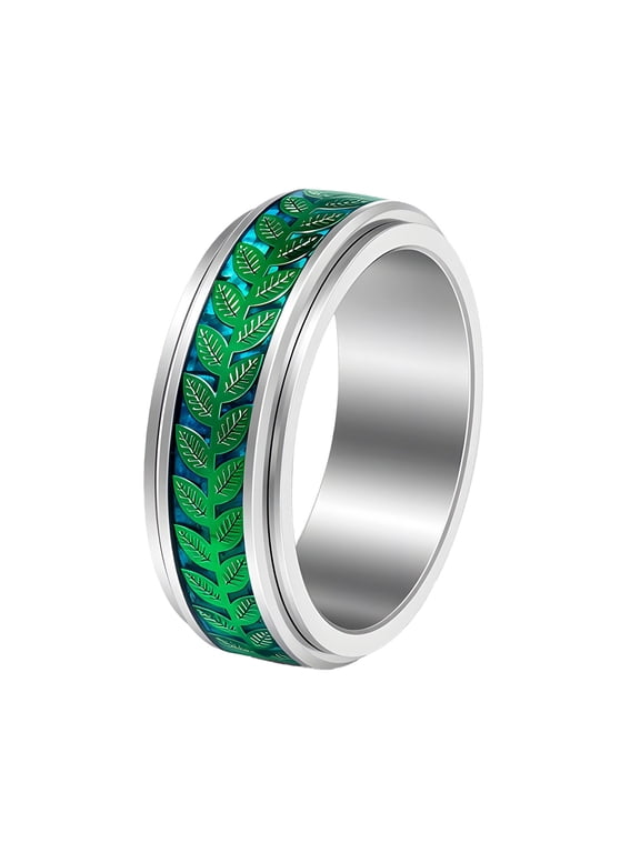 Fidget Rotating Ring for Women Men Leaf Stainless Steel Thoughtful Durable Statement Gift Personalized Dainty Jewelry Green 8