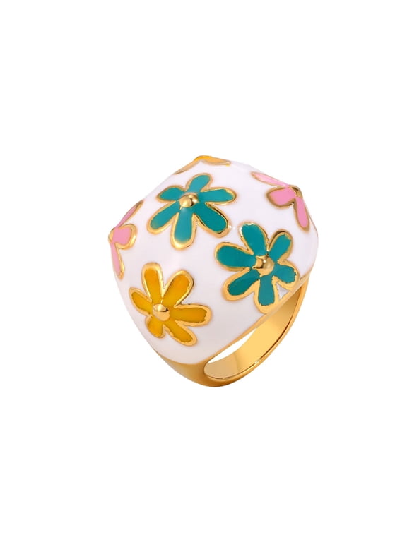 Flower Rings for Women Stainless Steel Colorful Chunky Enamel Gold Plated Cute Big Beautiful Vintage Dainty Elegant Personalized Statement Gift Jewelry Size 7