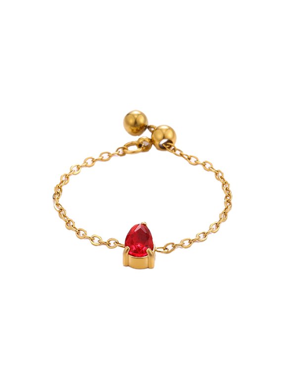 Gemstone Chain Rings for Women Link Open Adjustable Stainless Steel Cubic Zirconia Unique Personalized Gold Plated Simple Cute CZ Dainty Jewelry Teardrop Red