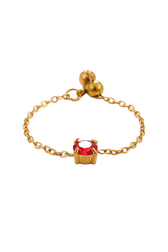 Gemstone Chain Rings for Women Link Open Adjustable Stainless Steel Cubic Zirconia Unique Personalized Gold Plated Simple Cute CZ Dainty Jewelry Circle Red