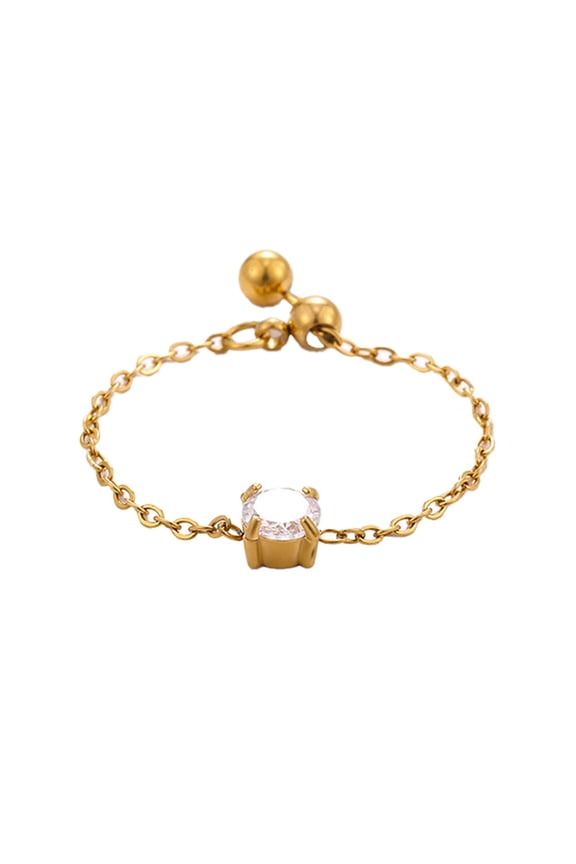 Gemstone Chain Rings for Women Link Open Adjustable Stainless Steel Teardrop Circle Square Heart Cubic Zirconia Unique Personalized Gold Plated Simple Cute CZ Dainty Jewelry Circle White