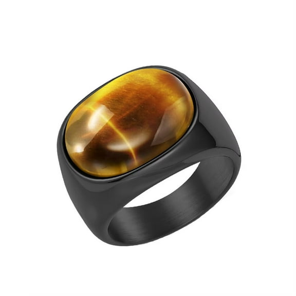 PAURO Gemstone Rings for Men Gold/Silver/Black Plated Oval Stainless Steel Colourful Statement Personalised Dainty Simple Vintage Jewellery Black Brown Size N 1/2