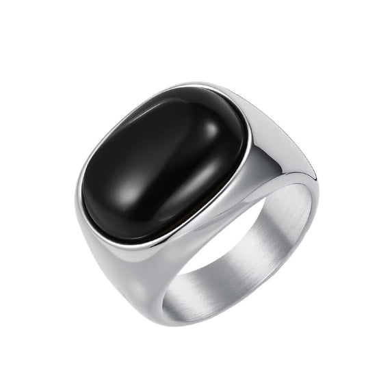 PAURO Gemstone Rings for Men Oval Stainless Steel Statement Personalised Dainty Simple Vintage Jewellery Silver Black Size U