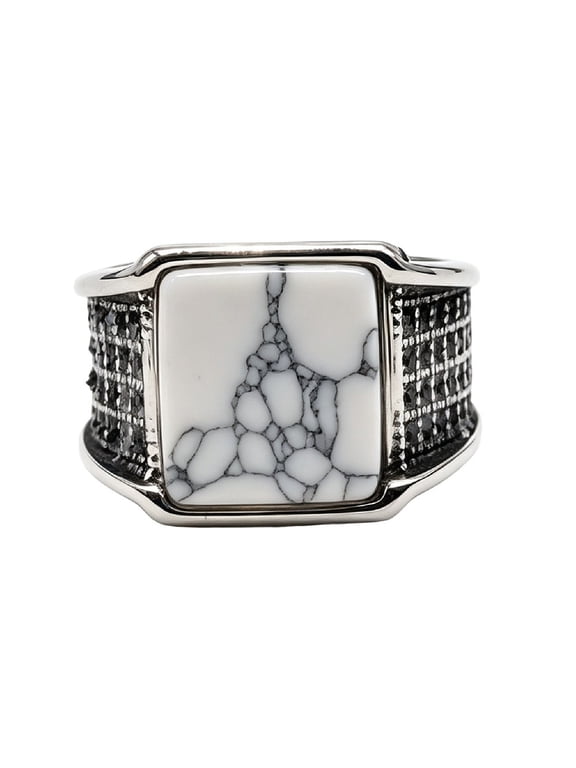 Gemstone Rings for Men Square Chunky Wide Stainless Steel Signet CZ Cubic Zirconia Vintage Personalized Statement Unique Biker Cool Thumb Band Everyday Punk Jewelry White Size 11